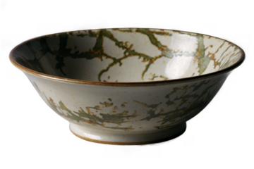 This high-quality image features a ceramic bowl with an artistic gold kintsugi repair on a white, transparent png background