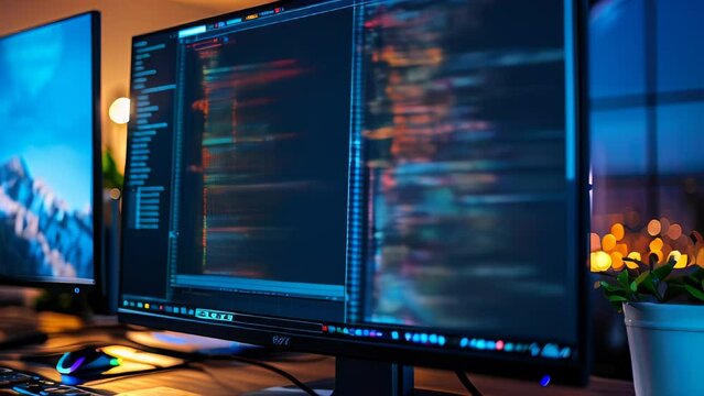 Digital code on screen, binary streams depicting data flow and cyber security concept, abstract technology background.