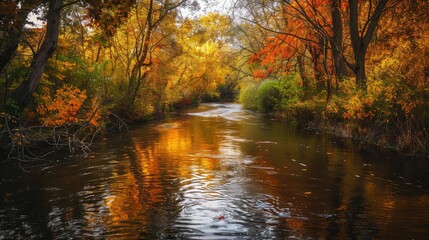 Obraz premium A vibrant image of a river in a nature reserve with trees lining both banks to create a cozy ambiance