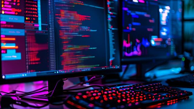 Digital code on screen, binary streams depicting data flow and cyber security concept, abstract technology background.