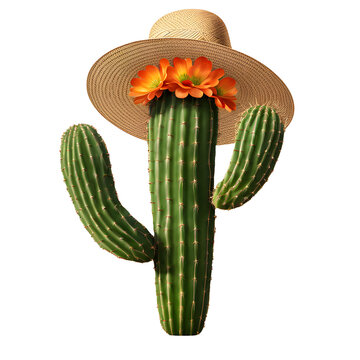 Cacto mandacaru com flores laranja usando chap&eacute;u de palha isolado em fundo transparente.