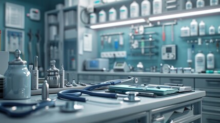 A Doctor's Office With Medical Supplies and Equipment on a Table in the Middle of the Room - Generative AI