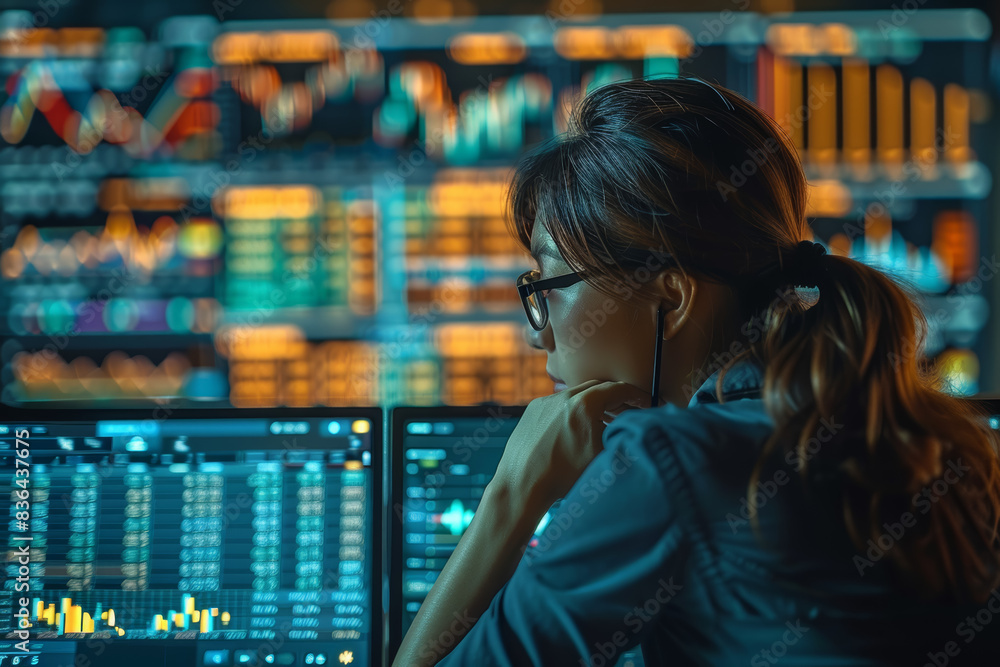 Poster a financial analyst reviewing charts and graphs. concept of market analysis and business strategy. g