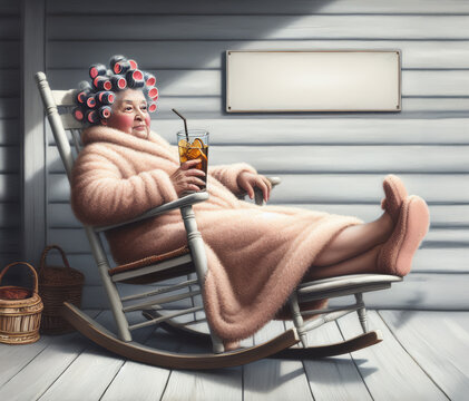 middle aged woman wearing housecoat, slippers and curlers in her hair. The woman is sprawled out lazily on a rocking chair on an wooden porch with a large icy drink in her hand.