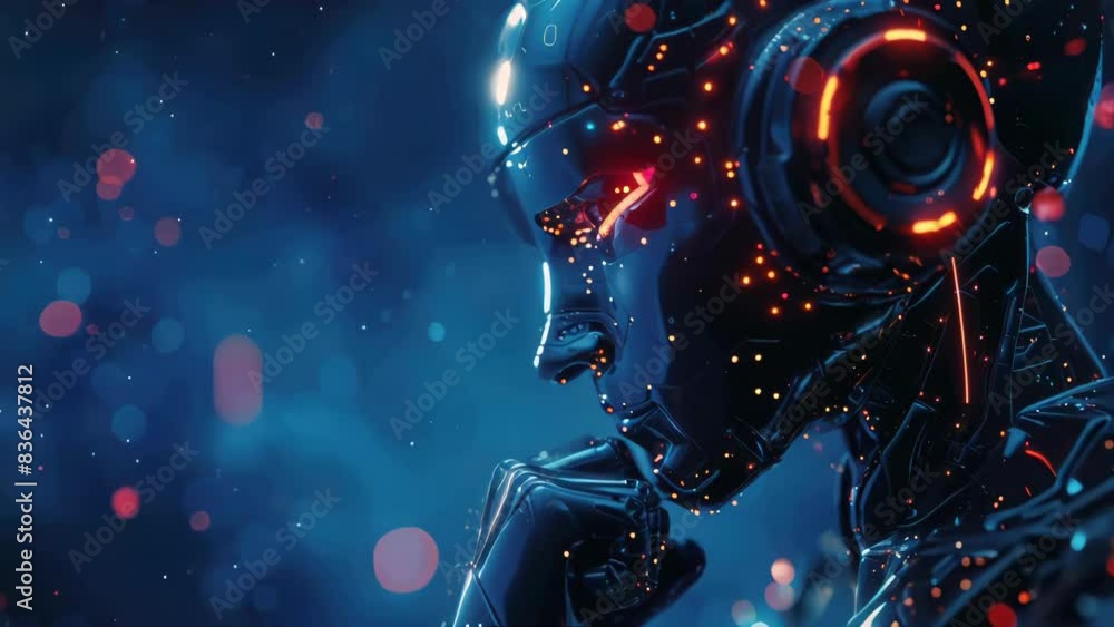 Poster A close-up view of a robot's head with bright red lights, suitable for use in futuristic or technological illustrations.