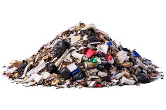 Highlighting environmental challenges, this image depicts a pile of mixed waste isolated with a transparent, png, and white background