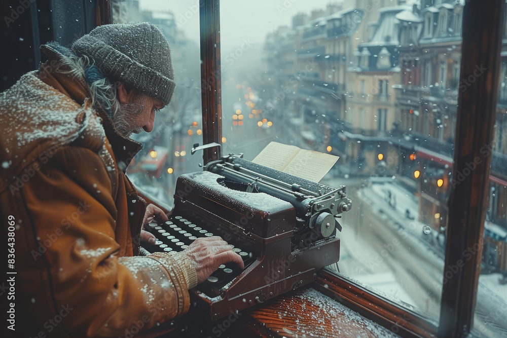 Aufkleber a writer typing on an old-fashioned typewriter by a window. concept of creativity and nostalgia. gen