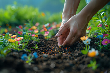 A gardener planting seeds in a blooming garden. Concept of growth and nurture. Generative Ai.