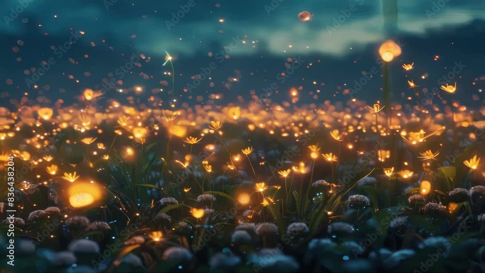 Poster a serene landscape featuring a field full of flowers with a firefly glowing in the night sky, ideal 