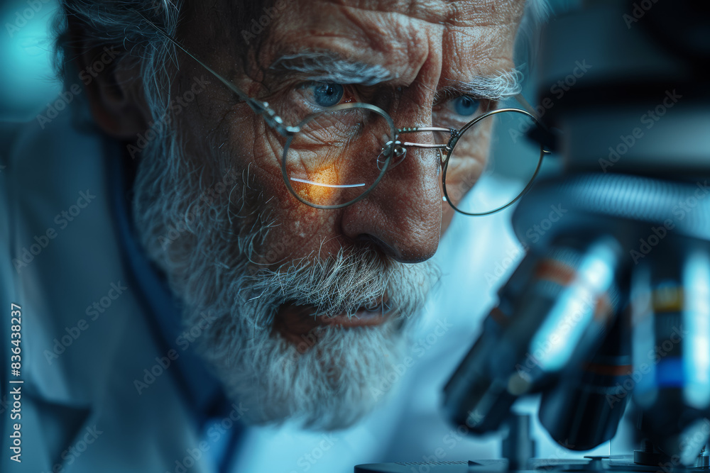 Poster a scientist examining a slide under a microscope. concept of curiosity and discovery. generative ai.