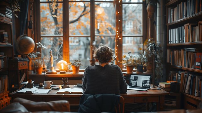 "Student studying in a cozy room with a snowy landscape outside, capturing the tranquility and focus of winter study sessions."AI generated 

