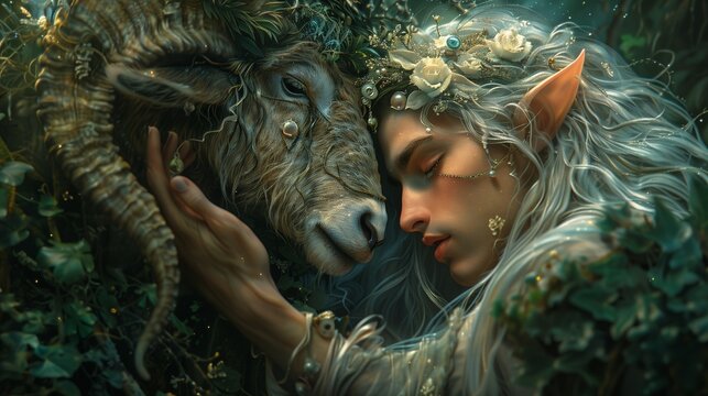 "Realistic animation of a beautiful male elf leaning on a mystical sea-goat, symbolizing the Capricorn zodiac sign with wisdom and strength."AI generated 

