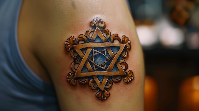 "Close-up of a hand with a Star of David tattoo, symbolizing Jewish heritage, identity, and faith."AI generated 

