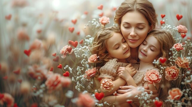 "Mother embracing her daughter surrounded by flowers, symbolizing love, care, and the bond between mother and child, perfect for Mother's Day."AI generated 

