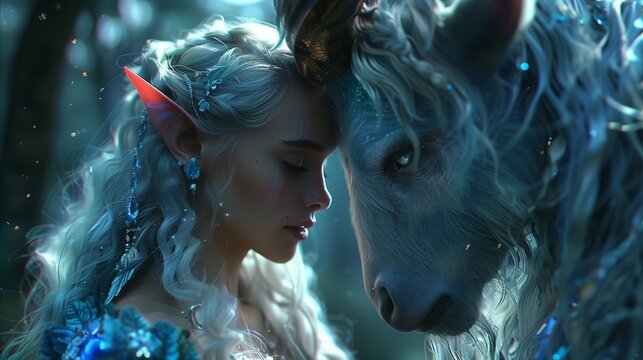 "Realistic animation of a beautiful female elf leaning on a majestic ram, symbolizing the Aries zodiac sign with energy and strength."AI generated 

