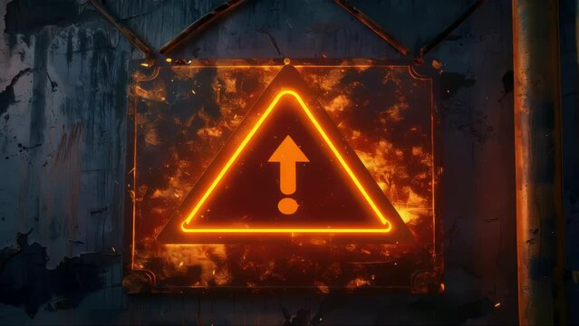 Glowing warning sign on a rusty wall with peeling paint and rusty metal texture.