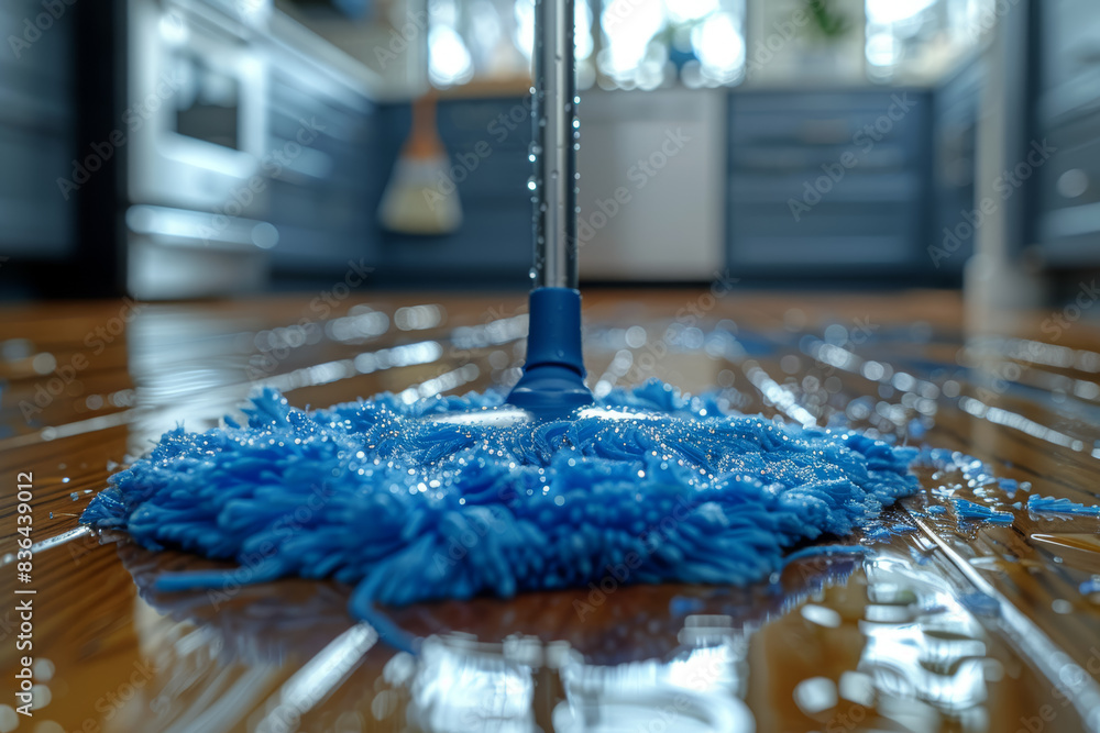 Poster mop gliding across gleaming hardwood floors in a spacious kitchen. concept of maintaining a neat and