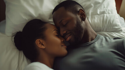 Black couple and eye contact in bed with romance for love with tender, embrace and care in morning with smile. Dating, relationship and relaxing with passion for partner with comfort or waking up