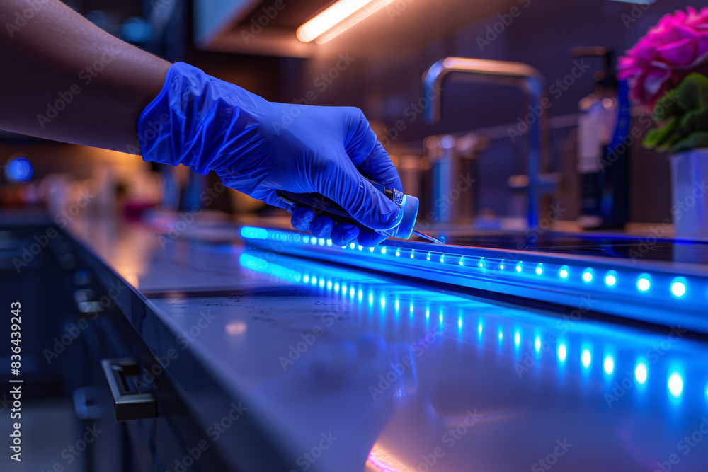 Poster UV sanitizing wand being used to disinfect commonly touched surfaces in a modern kitchen. Concept of germ-free living spaces. Generative Ai.