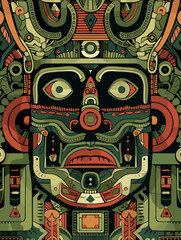Aztec vector illustration. A green and red face with a crown on top. The face is surrounded by a lot of detail and seems to be a piece of art