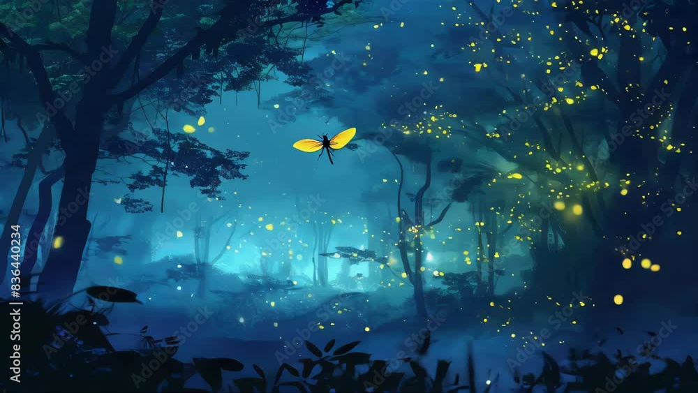 Poster a dragonfly flies through a dense forest illuminated by fireflies, offering a serene and peaceful at