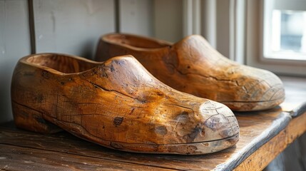 Wall with wooden shoes in Amsterdam, The Netherlands - February 3, 2018