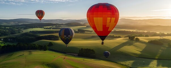colorful hot air balloons flying over green fields on a sunny day