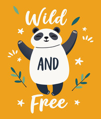 Poster with panda bear, cute cartoon panda and lettering 