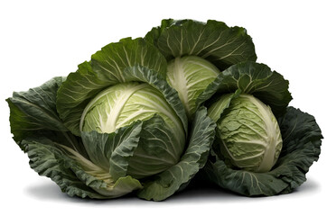 Fototapeta premium Three fresh green cabbages presented on a white background, png, showcasing their natural, leafy layers in a transparent manner