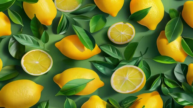 Fresh lemons with green leaves and a natural background