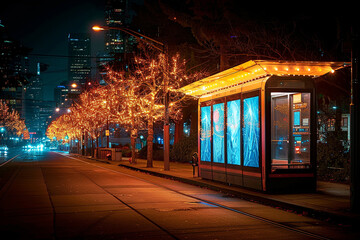 Obraz premium lluminated blank digital billboard at a city bus stop at night, surrounded by urban lights-2