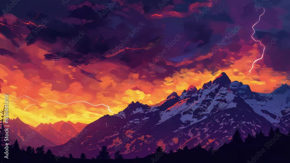 Poster a mountain landscape with a lightning bolt in the sky, suitable for use in weather or nature-themed 