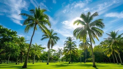 Obraz premium 青い空を背景に高いヤシの木がある美しい緑豊かな熱帯公園