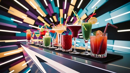 Cocktails on the bar counter colorful background 3d illustrations