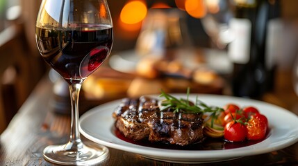 Naklejka premium グリルした肉のプレートと赤ワインのグラスのショット