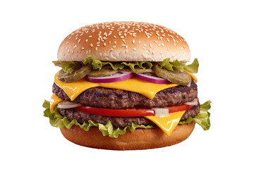 Delicious double cheeseburger with lettuce, cheese, tomatoes, onions, and sesame bun presented on a transparent, white background, png