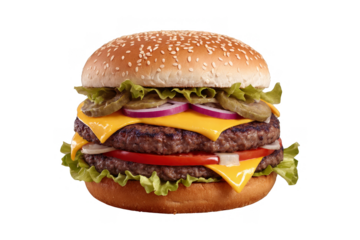Delicious double cheeseburger with lettuce, cheese, tomatoes, onions, and sesame bun presented on a transparent, white background, png
