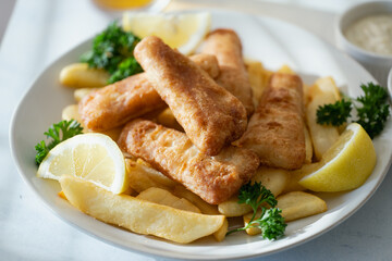 fish and chips with ale beer, tartar and mushy peas
