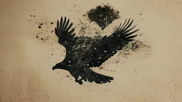 A black bird soaring through the air with its wings outstretched.