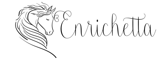 Enrichetta - black color - name written - vector graphics with stylized horse with heart - for websites, greetings, banners, cards, tag, t-shirt, sweatshirt, prints, cricut, silhouette, scrapbooking 