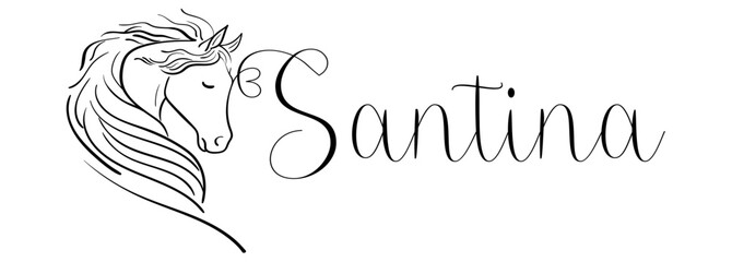 Santina - black color - name written - vector graphics with stylized horse with heart - for websites, greetings, banners, cards, tag, t-shirt, sweatshirt, prints, cricut, silhouette, scrapbooking 