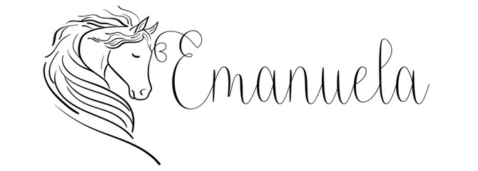 Emanuela - black color - name written - vector graphics with stylized horse with heart - for websites, greetings, banners, cards, tag, t-shirt, sweatshirt, prints, cricut, silhouette, scrapbooking 