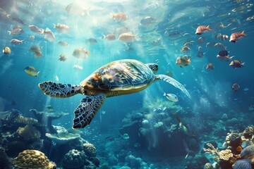 Fototapeta premium Vibrant underwater ecosystem teeming with marine life, including a majestic turtle