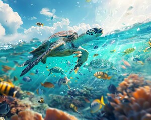 Colorful marine life with turtle at the bottom of the ocean, high quality underwater image