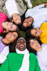 Vertical photo. High angle view of diverse happy group of young girls lying on grass at park....