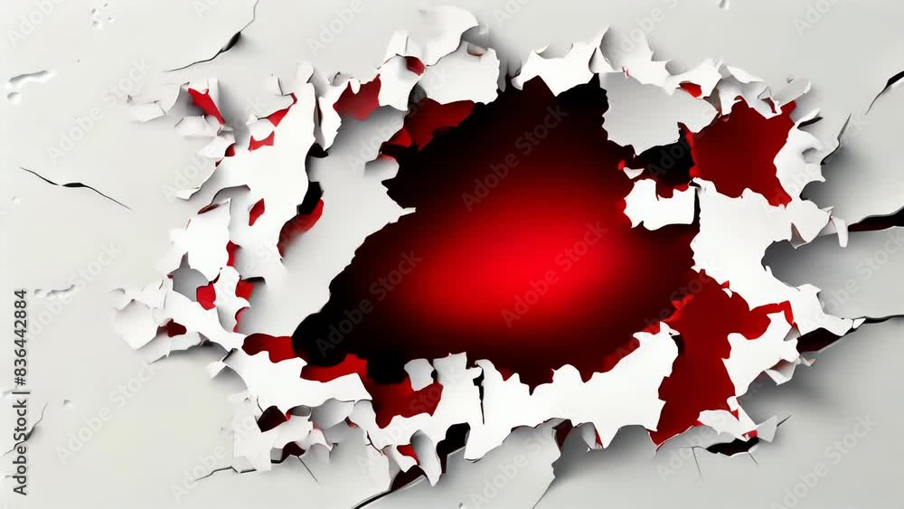 Poster A small crack in a white wall with a red spot, perfect for use in interior design or DIY tutorials.