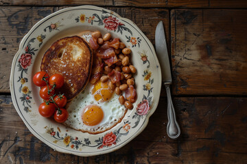 British breakfast on a plate with eggs, beans, bread and tomatoes