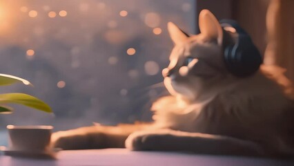 A fluffy cat wears headphone and relaxes beside a coffee mug on a cozy plaid blanket near a window. snowfall outside