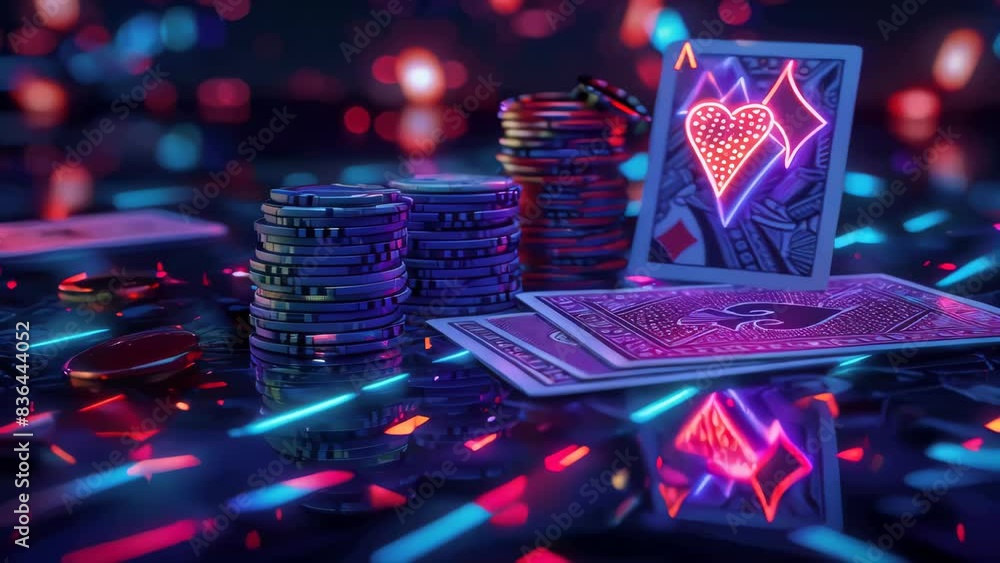 Poster a table setup for a poker game with stacks of chips and cards.