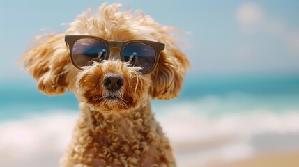 Laid-back pup donning shades, seaside backdrop, epitome of summer.